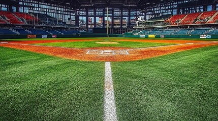 Obraz premium A vibrant baseball field showcasing a well-maintained green grass surface.