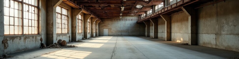 Old abandoned warehouse with crumbling concrete walls and rusty metal beams, textured black grunge background, decayed structure, urban decay