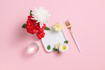 Elegant Floral Table Setting With Pink Background