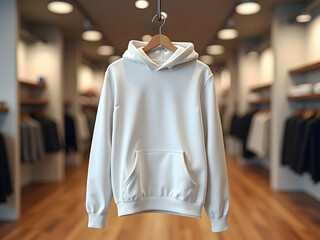 Isolated sleek blank hoodie mockup gracefully suspended from a chrome hanger in a stylish boutique showcases design possibilities and garment presentation