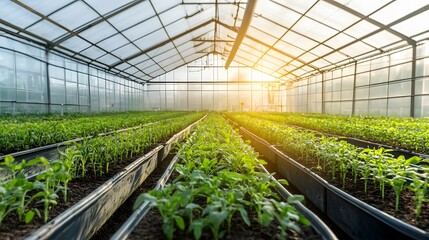 Spacious greenhouse filled with rows of plants grown using advanced irrigation and fertilization systems for efficient and sustainable precision farming