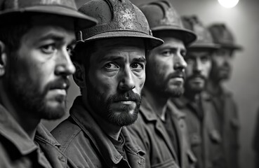 Fototapeta premium Monochrome photo coal miners with soot-covered faces, looking fatigued, contemplative. Men in workwear, industrial occupation. Group of workers in coal mine, hardworking, strong, resilient.