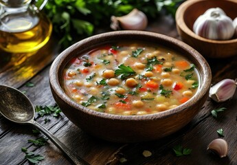 Hearty chickpea soup in a wooden bowl