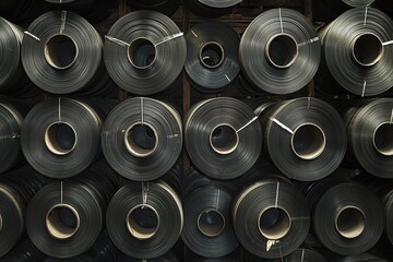 High-definition photograph of steel rolls in an industrial factory setting,
