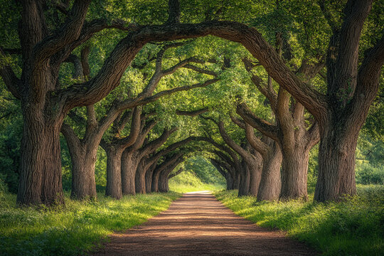 A peaceful forest path lined with towering oak trees, their branches forming a natural archway overhead.