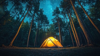 Illuminated tent in forest at night under starry sky