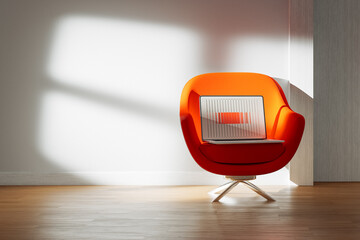 Modern chair with laptop illuminated by natural light indoors
