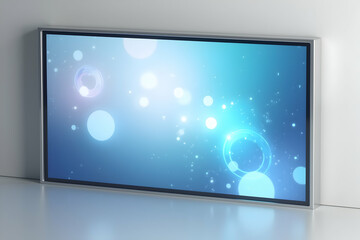 Modern display mockup showcasing a vibrant abstract art with glowing orbs and circles, perfect for presentations or digital interface designs and advertising