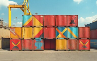 Colorful shipping containers stacked at a commercial port terminal landscape