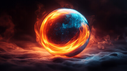 Abstract globe with vibrant orange and blue energy lines swirling, symbolizing global connection and innovation, against a dark background, representing a dynamic and futuristic digital world.

