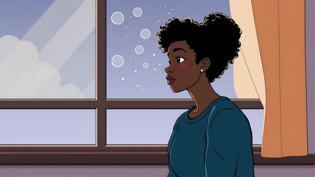 Young Black Woman Daydreaming by Window