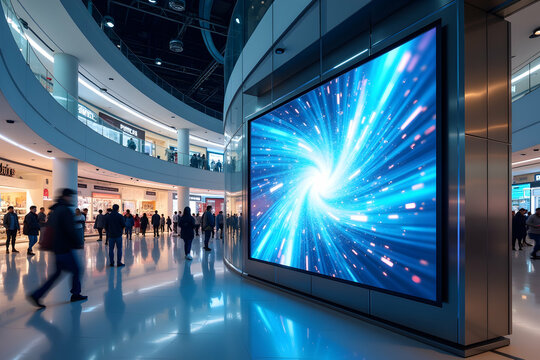 Modern Interactive Advertising Board Display in a Shopping Center, A Sleek Hi-Tech Mockup for Engaging Retail Experiences with Dynamic Visuals