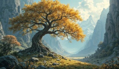 A mythical tree with golden leaves and sapphire fruits growing in a secluded valley.
