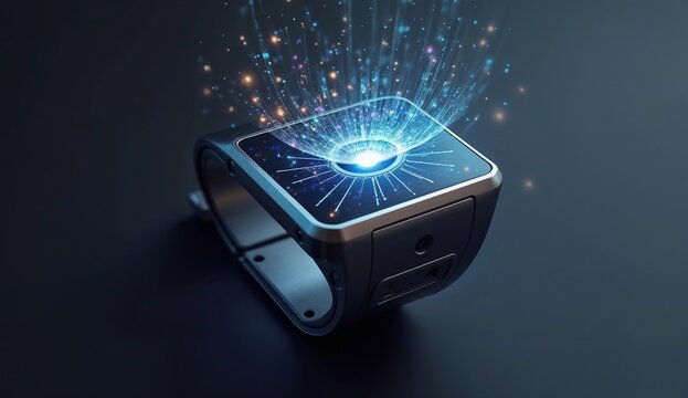 A futuristic smartwatch with a holographic display projecting a glowing interface.
