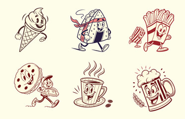 Food Characters, Retro Style, Fun Drinks and Snacks, Vintage Illustration, Cartoonish Environment, Whimsical Viewpoint