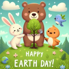 Naklejka premium Charming Earth Day greeting card illustration: Cute cartoon animals (a smiling bear, a rabbit, a bird) planting a small tree together on a grassy hill under a sunny sky
