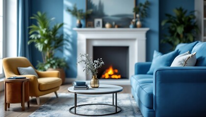 Fototapeta premium Cozy Living Room with Fireplace and Comfortable Seating Area Design