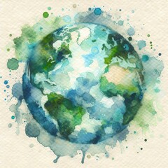 Fototapeta premium Watercolor Earth Day abstract splash: Soft washes of overlapping blue and green watercolor paint bleeding onto textured paper background, forming an impressionistic