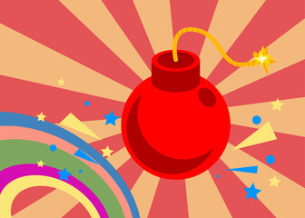 Retro 70s Background with Bomb. Groovy Exploding 1970s art template. Minimalistic Vintage design poster. Old-fashioned color artwork.