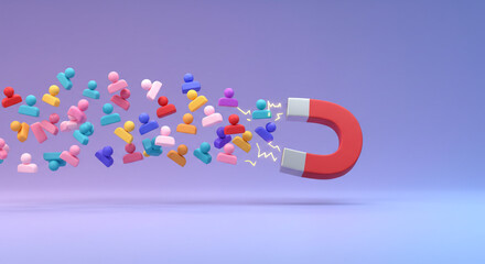 A vibrant stream of diverse individuals powerfully drawn together by a magnetic force, a captivating visual representation of community and connection with a simple 3D style.
