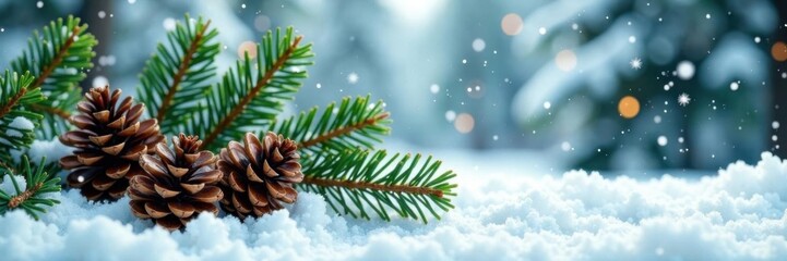 Rustic pine cones and fir branches on a snowy background, winter landscape, rustic decor