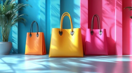 Bright 3D shopping bags with lifelike rendering on muted pastel background. Professional visuals for retail and e-commerce use.