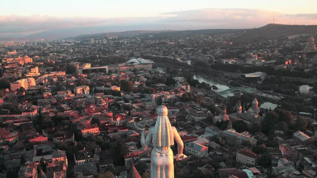 Drone Aerial View of Tbilisi City at Sunrise with Beautiful Urban Landscape in Georgia