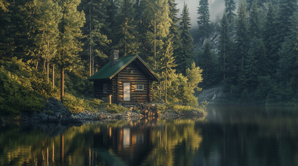 Fototapeta premium Secluded log cabin by tranquil lake in misty forest.