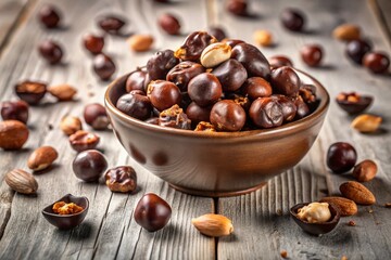 Obraz premium Artisan Dark Chocolate Covered Nuts, Long Exposure, Cracked Texture, White Background