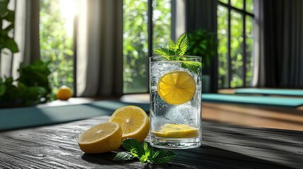 A refreshing glass of lemonade with mint leaves and lemon slices placed on the front table, bathed in natural light streaming through a large window