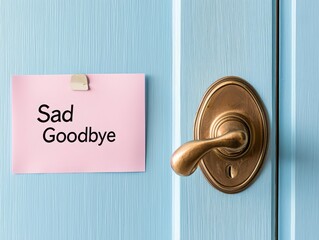 A poignant pink note reading 'Sad Goodbye' is affixed to a blue door, evoking feelings of nostalgia and farewell.