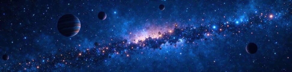 Obraz premium Shiny starfield against a dark blue background with numerous stars and planets, stars, starfield