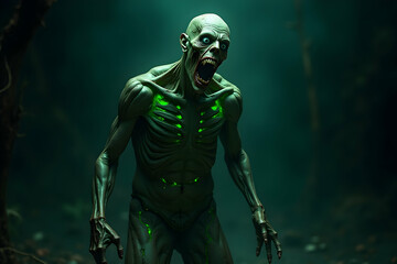 Fototapeta premium Radioactive Decay, A Glowing Zombie's Solitary Stance in a Post-Apocalyptic World Depicting the Horrors of Nuclear Contamination and Decay