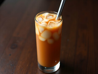 Refreshing Iced Tea Delight, A Tall Glass Filled with Creamy Goodness and Chilled Ice Cubes, Perfect for a Hot Day with a Metal Straw on a Wooden Table
