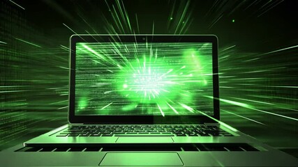 Laptop with green data streams and digital code background motion graphic