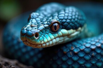 Obraz premium Snake's close-up face with vibrant blue scales and distinctive head shape, venomous, serpent