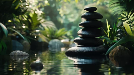 Serene black stones stacked by tranquil water in lush greenery.