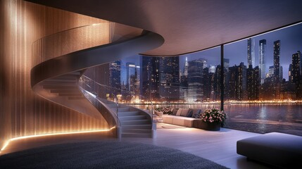 Fototapeta premium NYC Luxury Condo Spiral Staircase City View
