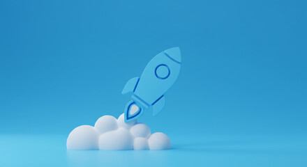 A light blue rocket soaring through fluffy white clouds, symbolizing a successful launch and ambitious journey into the vast blue yonder.