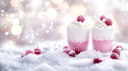 Delicious raspberry dessert cups with creamy layers, topped with fresh berries, placed on a snowy surface against a festive bokeh background for holiday celebrations