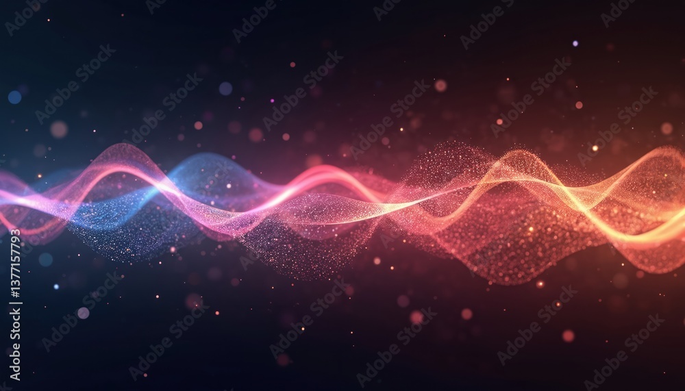 Fototapete Abstract illustration sound wave oscillations in light spectrum. Dynamic curves, particles, energy flow on dark background. Digital tech concept suitable for music, data visualization, science,