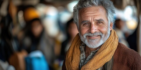 Fototapeta premium A man with a beard and a scarf is smiling