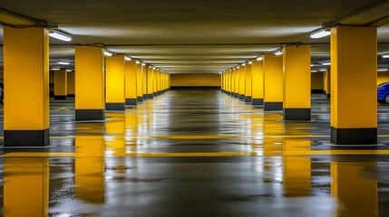 Empty parking lot with wet floor reflecting bright yellow columns and lights after a recent rain