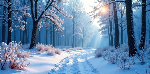 Snowy forest landscape with blue-toned trees and frosty flowers , winter, forest