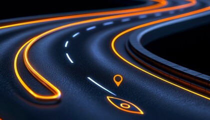 Smooth winding road glowing lines pinpoint symbol tech navigation 3D illustration. Digital path guide.