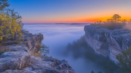 Fototapeta premium A beautiful sunrise glowing over a foggy valley creating a serene and tranquil landscape scene at dawn 