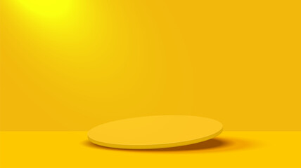 Yellow platform tilted decorated with spotlighting on yellow wall background. Pedestal scene with for product, advertising, show. Geometric base for your graphic. Vector illustration.