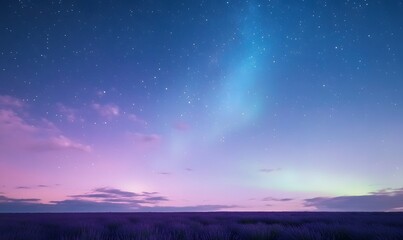 Lavender night field with starry sky, and northern lights, Generative AI