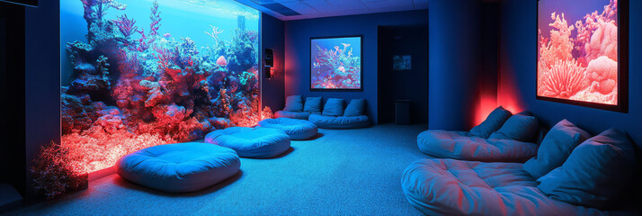 cozy sensory room featuring soft lighting, beanbags, and vibrant coral reef visuals. tranquil atmosphere invites relaxation and exploration of underwater beauty