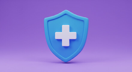 Obraz premium A protective blue shield bearing a prominent white cross symbolizing health and safety, rendered in a clean, minimalist 3D style against a soft purple backdrop.